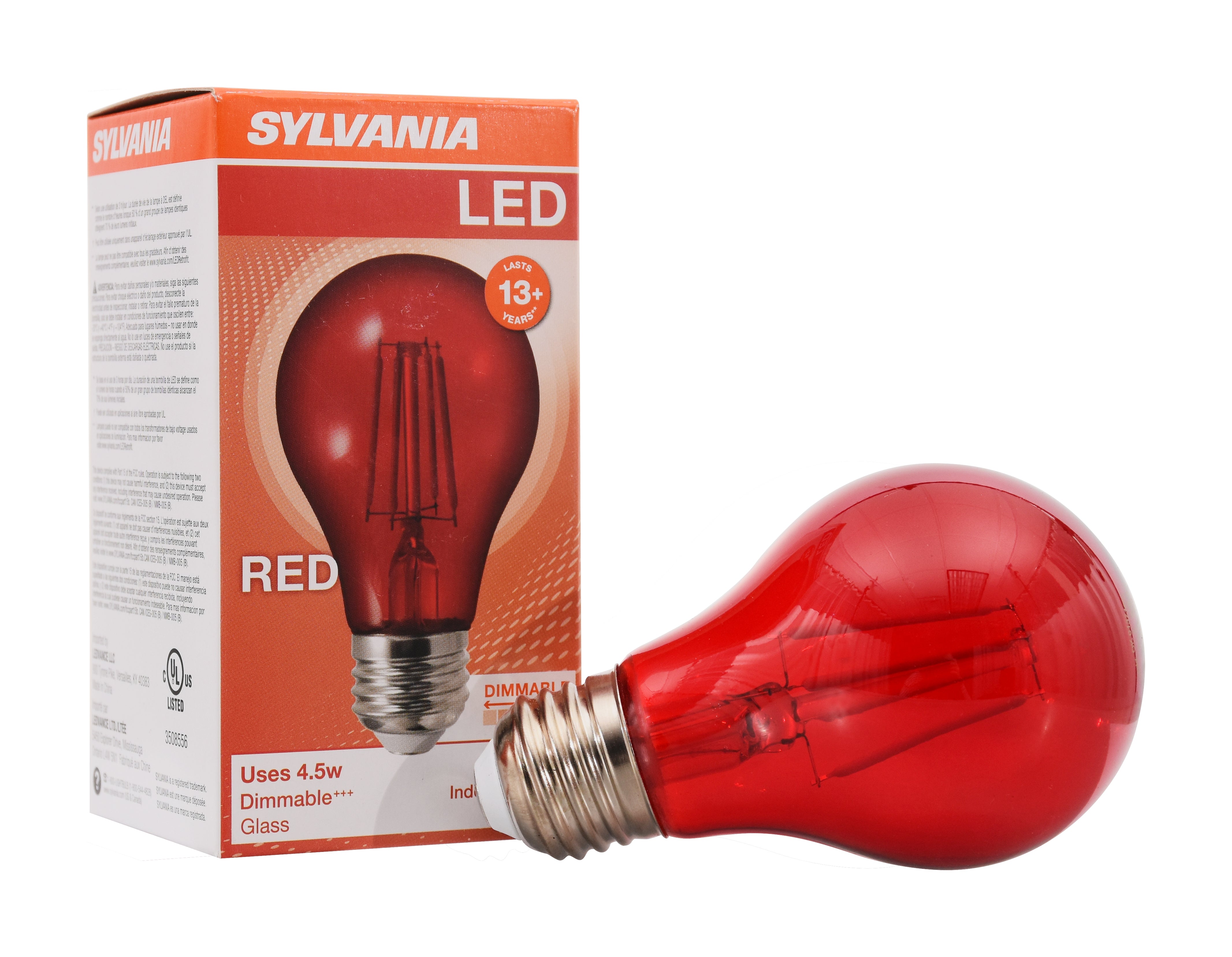 SYLVANIA LED Red Glass Filament A19 Light Bulb, 40W = 4.5W, Dimmable, E26 Medium Base - 1 PK