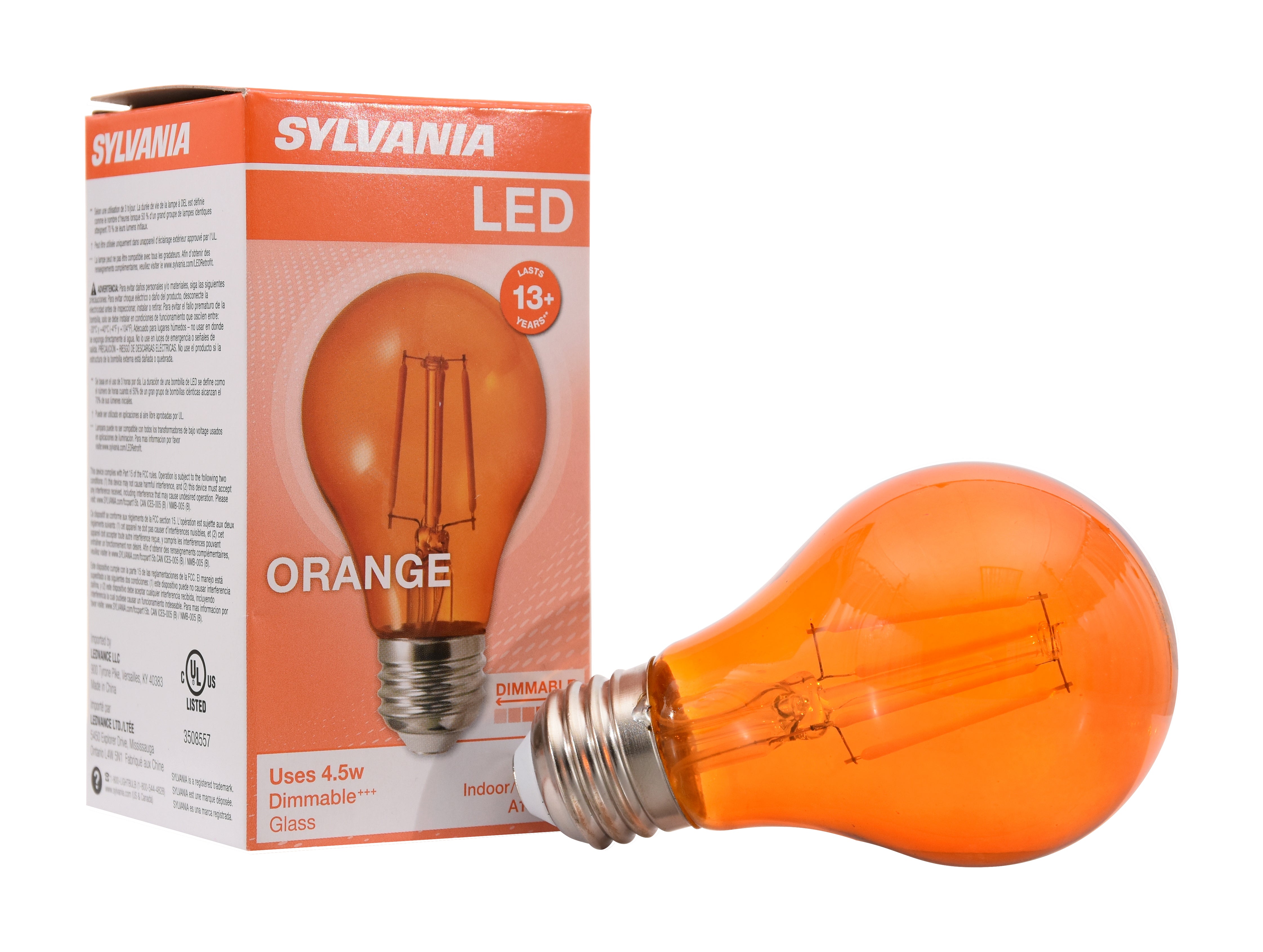 SYLVANIA LED Orange Glass Filament A19 Light Bulb, 40W = 4.5W, Dimmable, E26 Medium Base - 1 PK