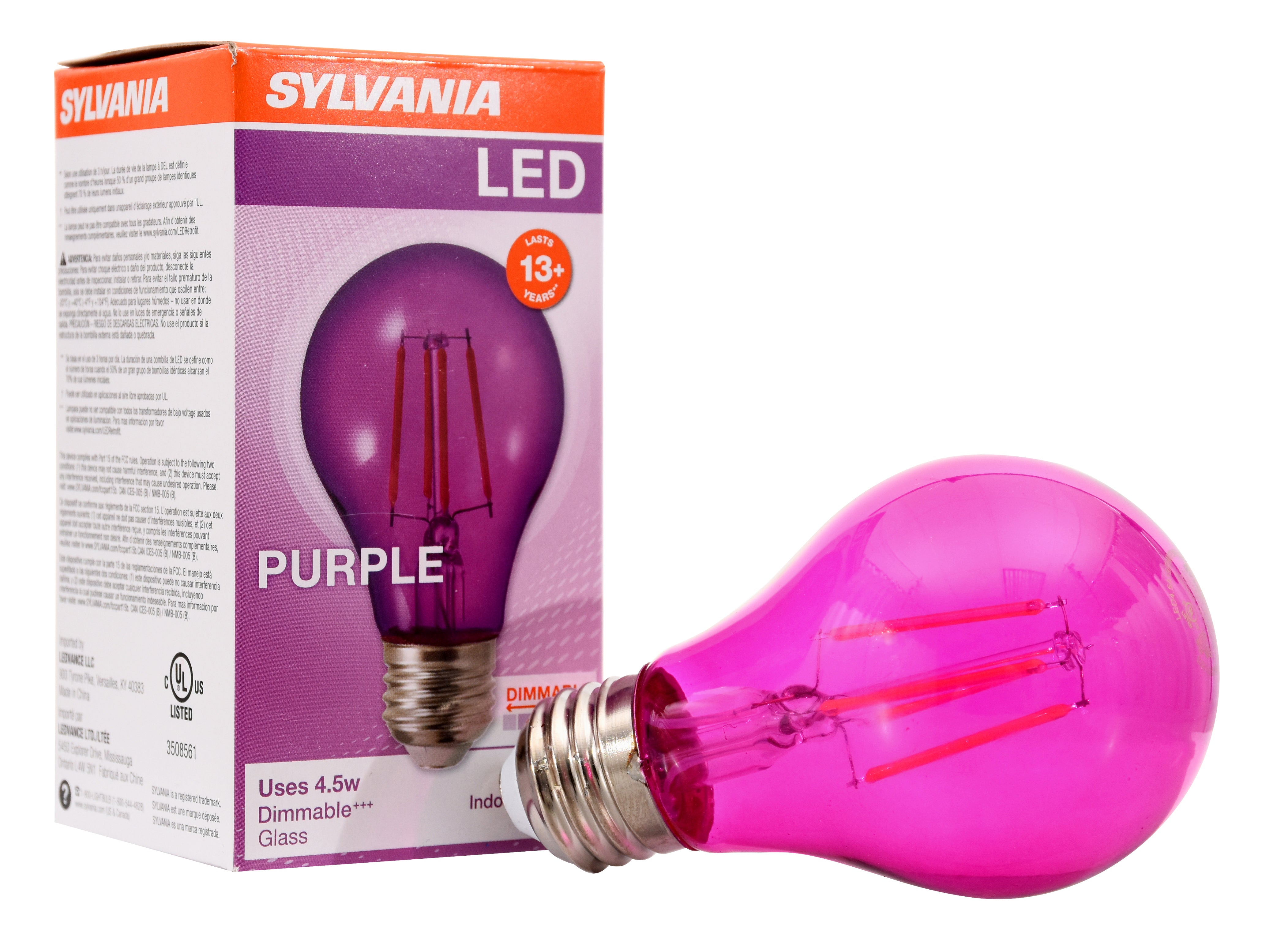 SYLVANIA LED Purple Glass Filament A19 Light Bulb, 40W = 4.5W, Dimmable, E26 Medium Base - 1 PK