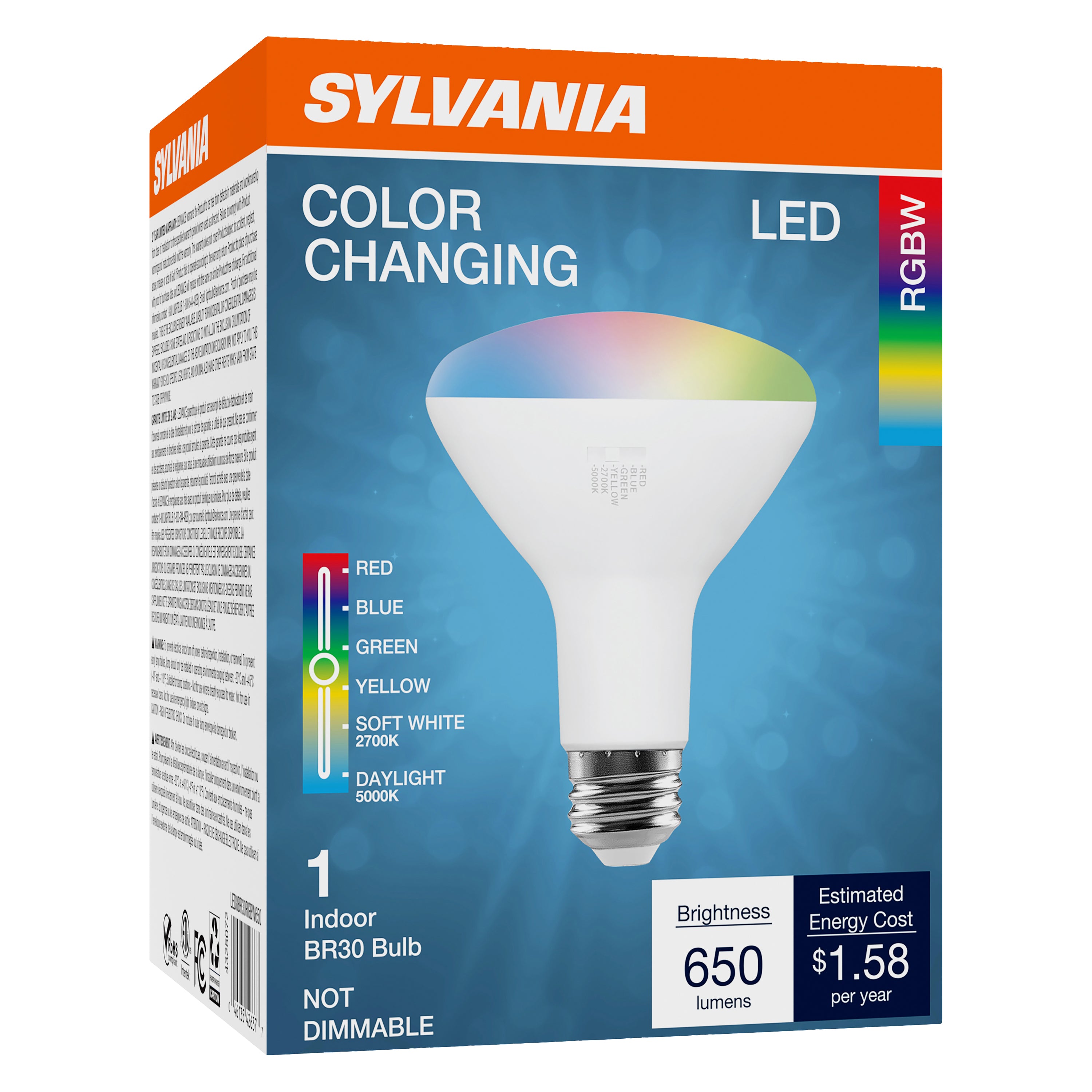 SYLVANIA 5 Color LED Light Bulb, Red / Blue / Green / Yellow / White, RGBW, 8W, BR30, E26 Medium Base, 2700K/5000K