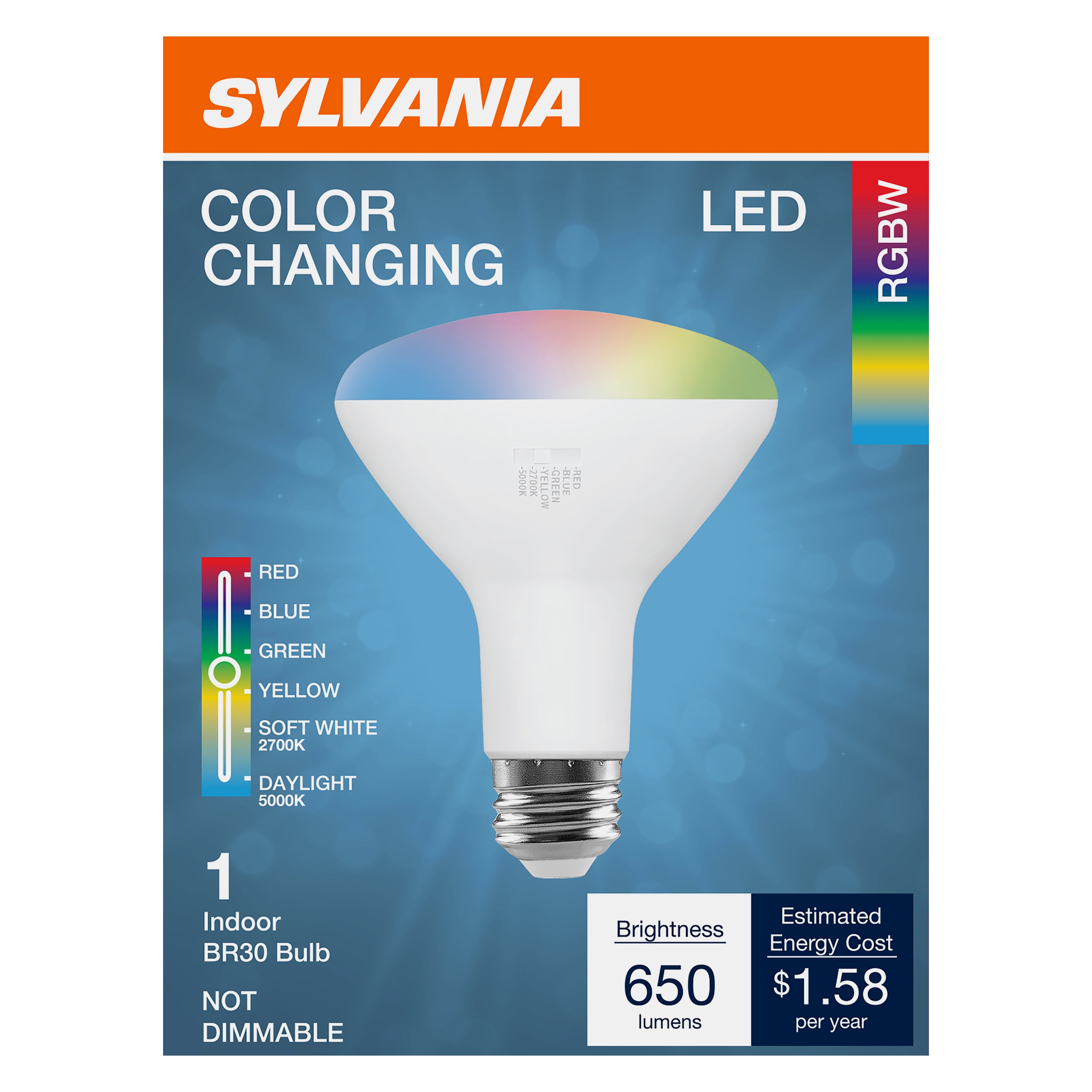 SYLVANIA 5 Color LED Light Bulb, Red / Blue / Green / Yellow / White, RGBW, 8W, BR30, E26 Medium Base, 2700K/5000K