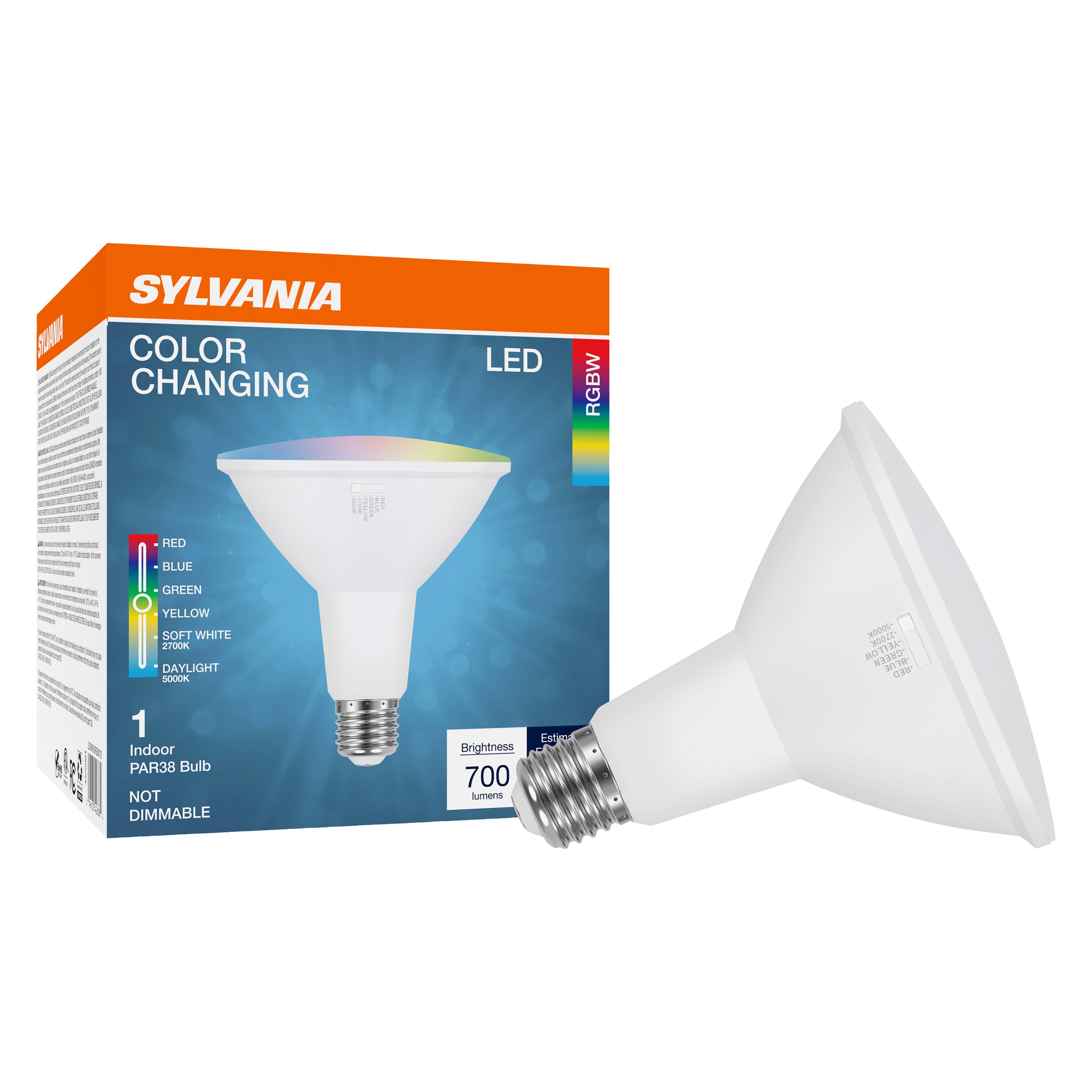 SYLVANIA 5 Color LED Light Bulb, Red / Blue / Green / Yellow / White, RGBW, 9W, PAR38, E26 Medium Base, 2700K/5000K