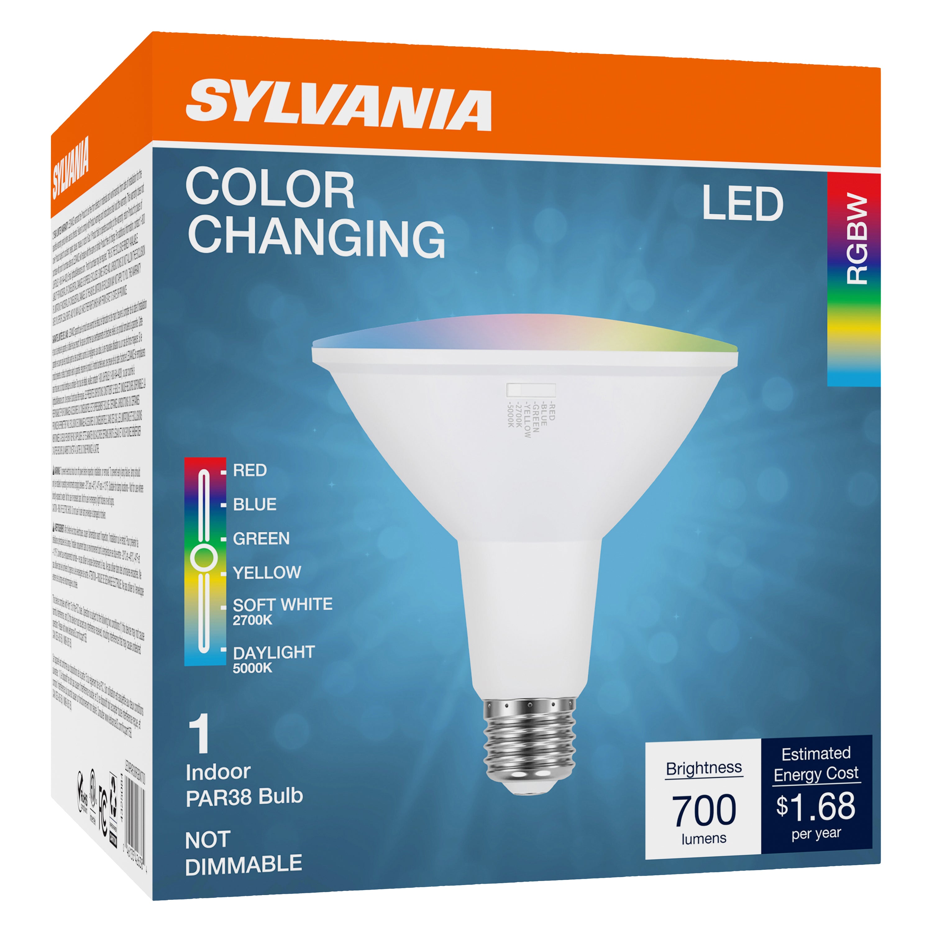 SYLVANIA 5 Color LED Light Bulb, Red / Blue / Green / Yellow / White, RGBW, 9W, PAR38, E26 Medium Base, 2700K/5000K