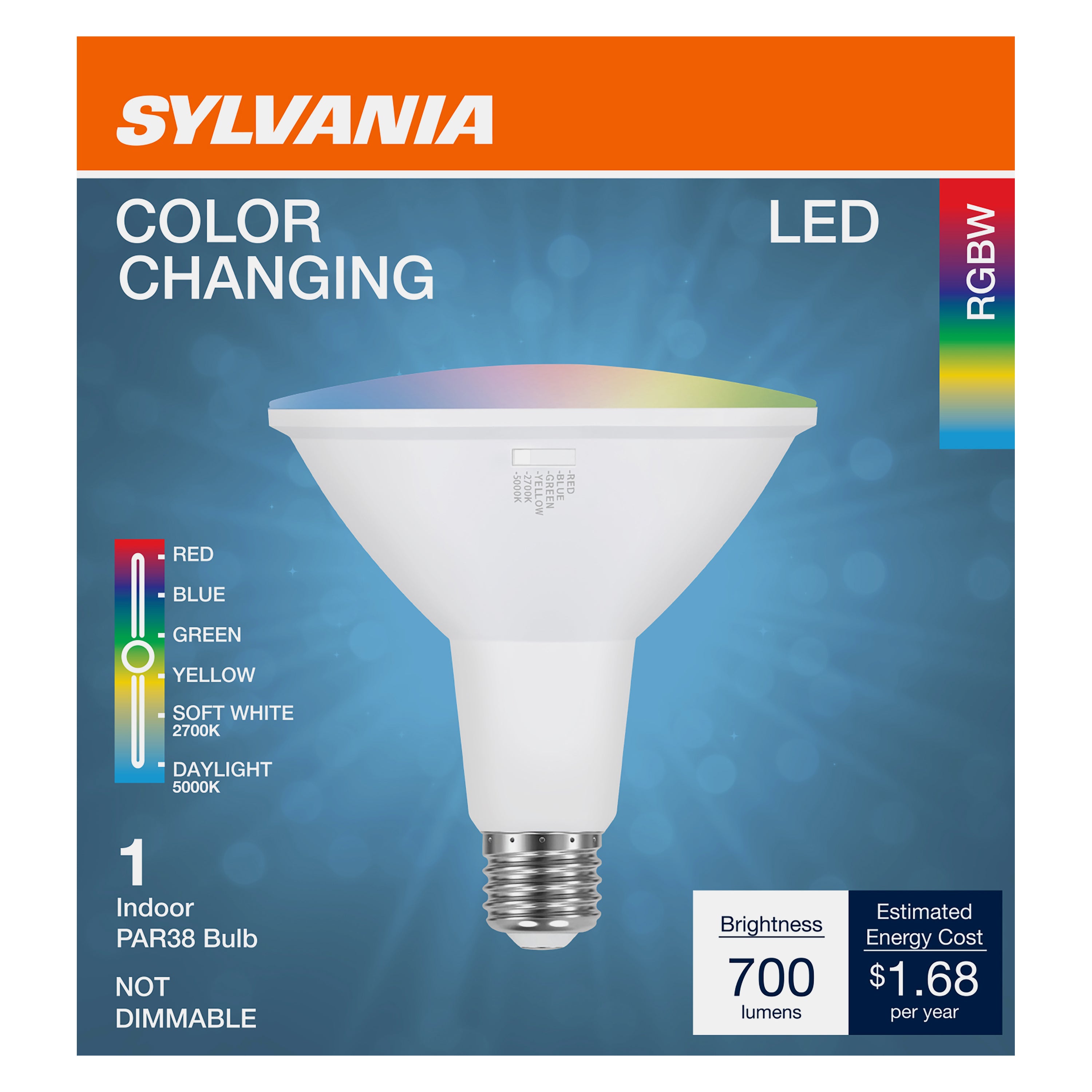 SYLVANIA 5 Color LED Light Bulb, Red / Blue / Green / Yellow / White, RGBW, 9W, PAR38, E26 Medium Base, 2700K/5000K