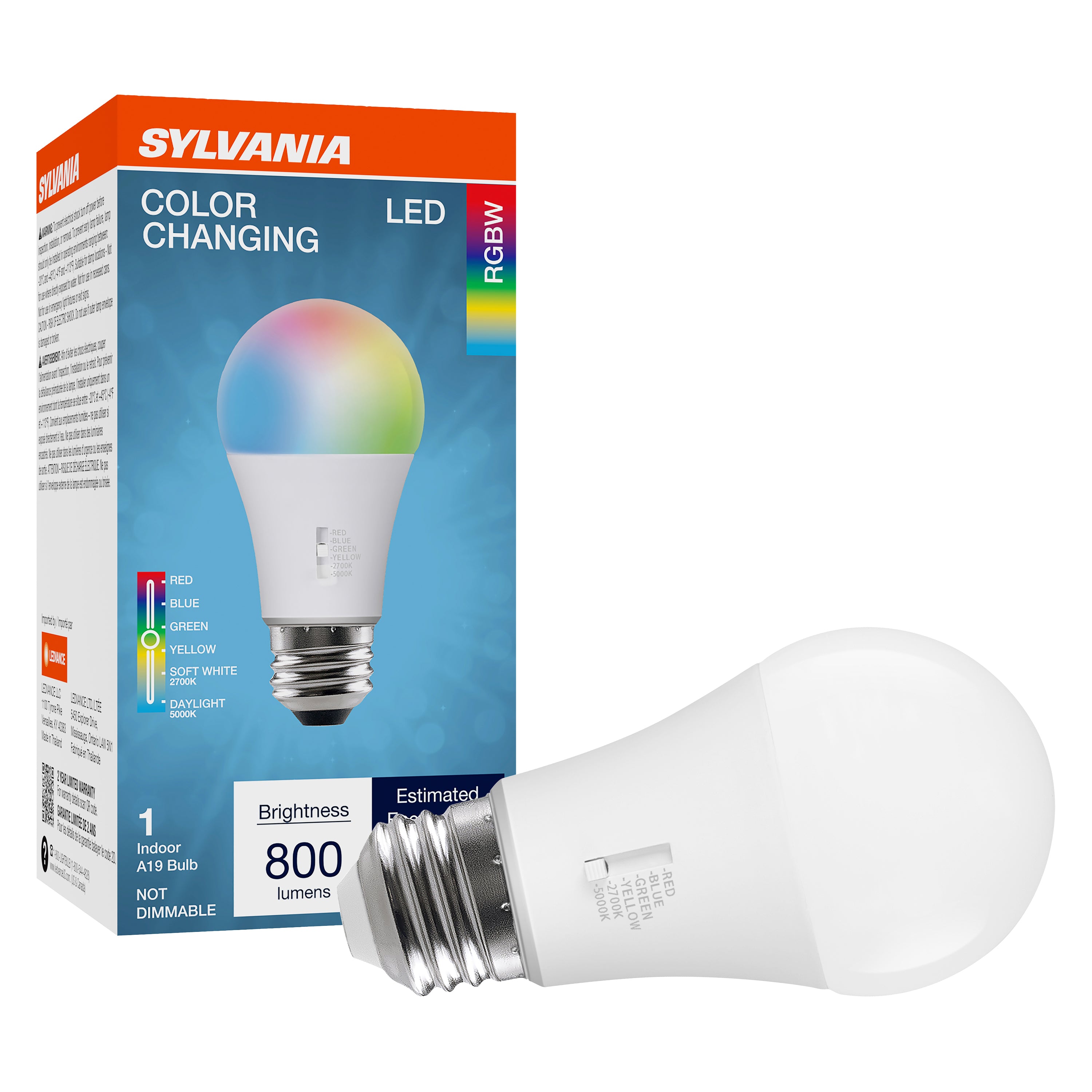 SYLVANIA 5 Color LED Light Bulb, Red / Blue / Green / Yellow / White, RGBW, 8W, A19, E26 Medium Base, 2700K/5000K