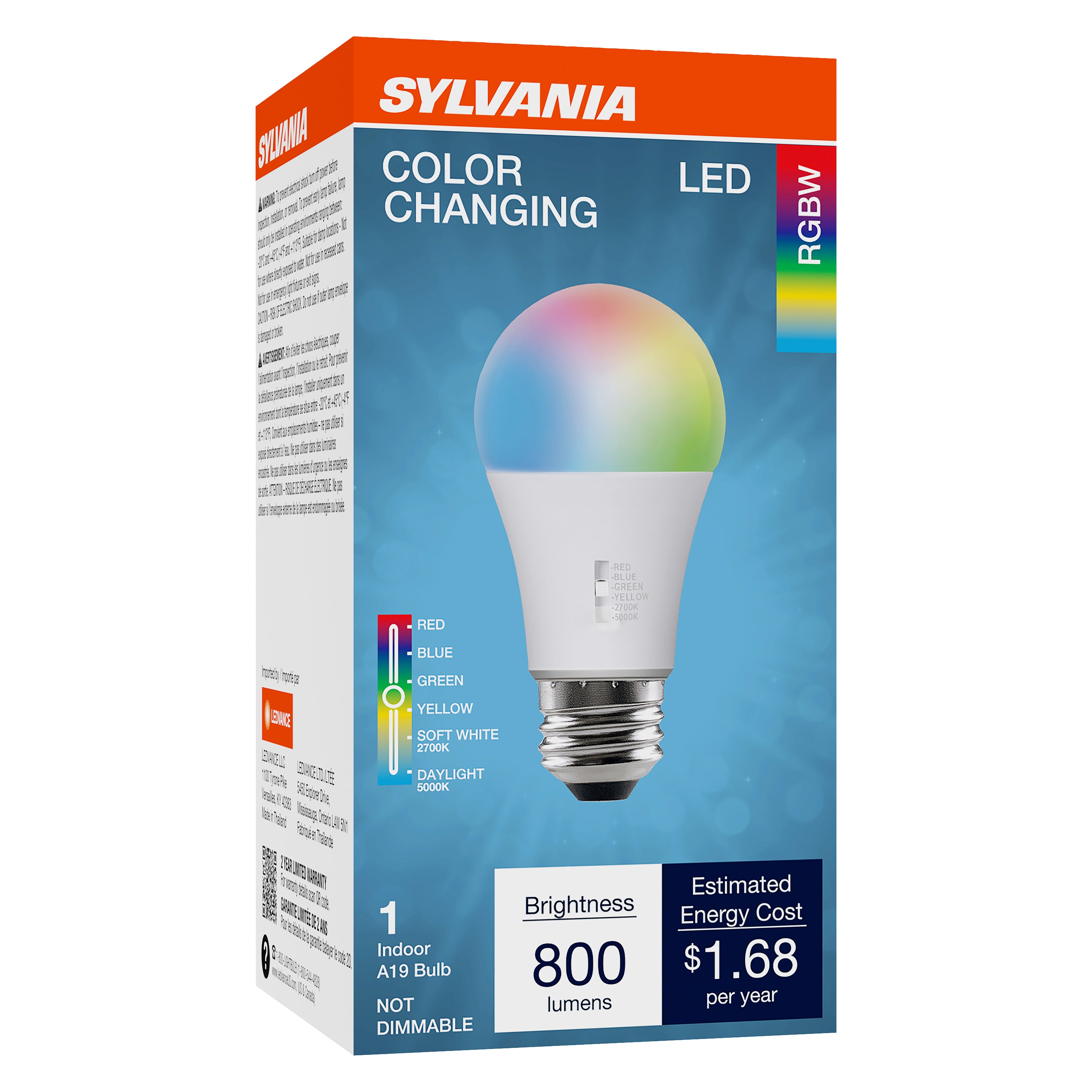 SYLVANIA 5 Color LED Light Bulb, Red / Blue / Green / Yellow / White, RGBW, 8W, A19, E26 Medium Base, 2700K/5000K