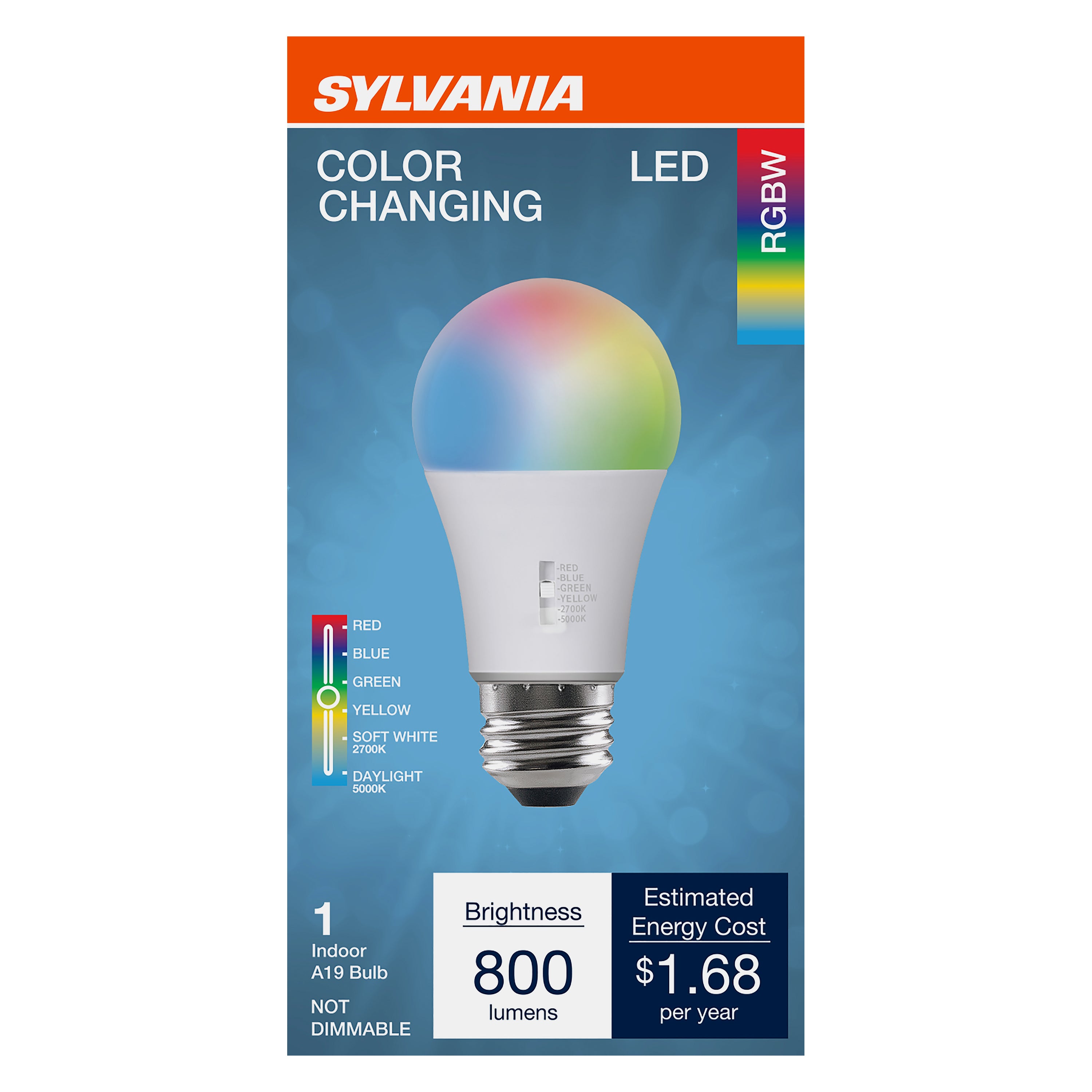 SYLVANIA 5 Color LED Light Bulb, Red / Blue / Green / Yellow / White, RGBW, 8W, A19, E26 Medium Base, 2700K/5000K